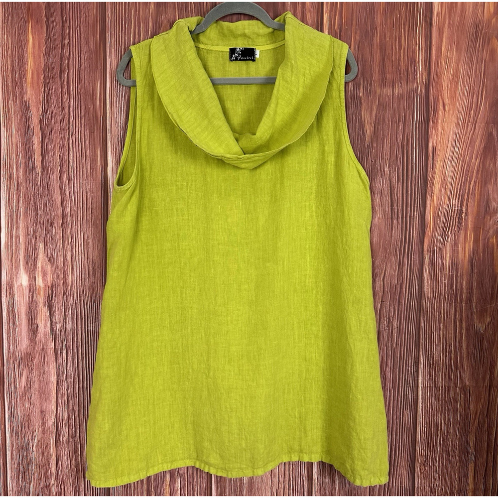 FENINI Top Tunic Cowl Neck Linen Sleeveless Yellow Green Size Large L